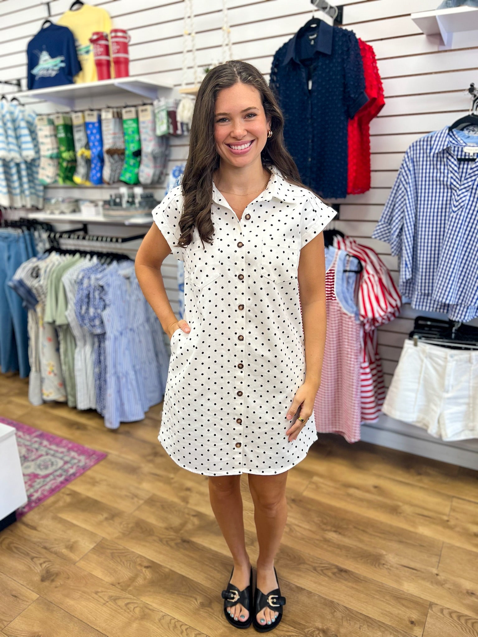 Off White Polka Dot Sleeveless Shirt Dress with Pockets - A'Bekah's Boutique