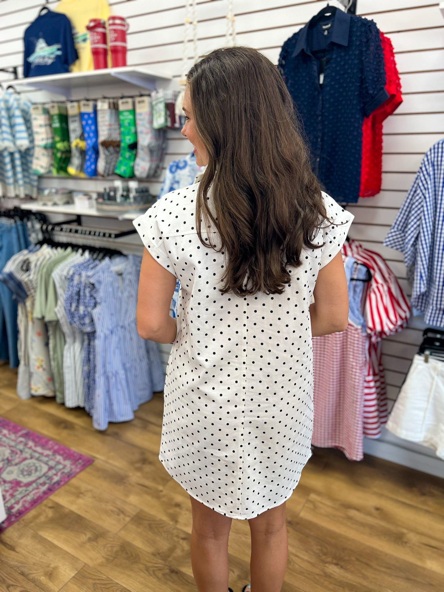 Off White Polka Dot Sleeveless Shirt Dress with Pockets - A'Bekah's Boutique