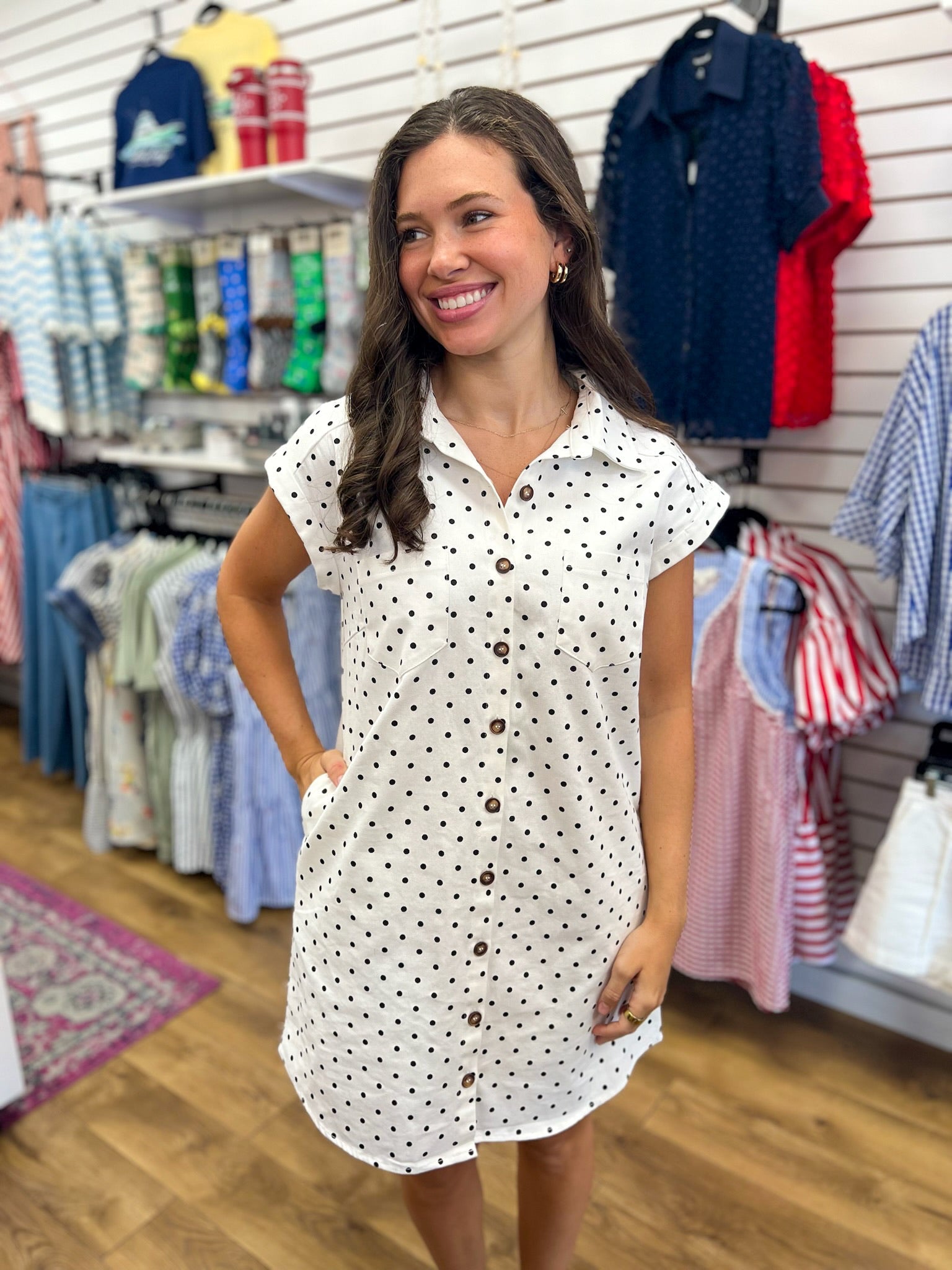 Off White Polka Dot Sleeveless Shirt Dress with Pockets - A'Bekah's Boutique