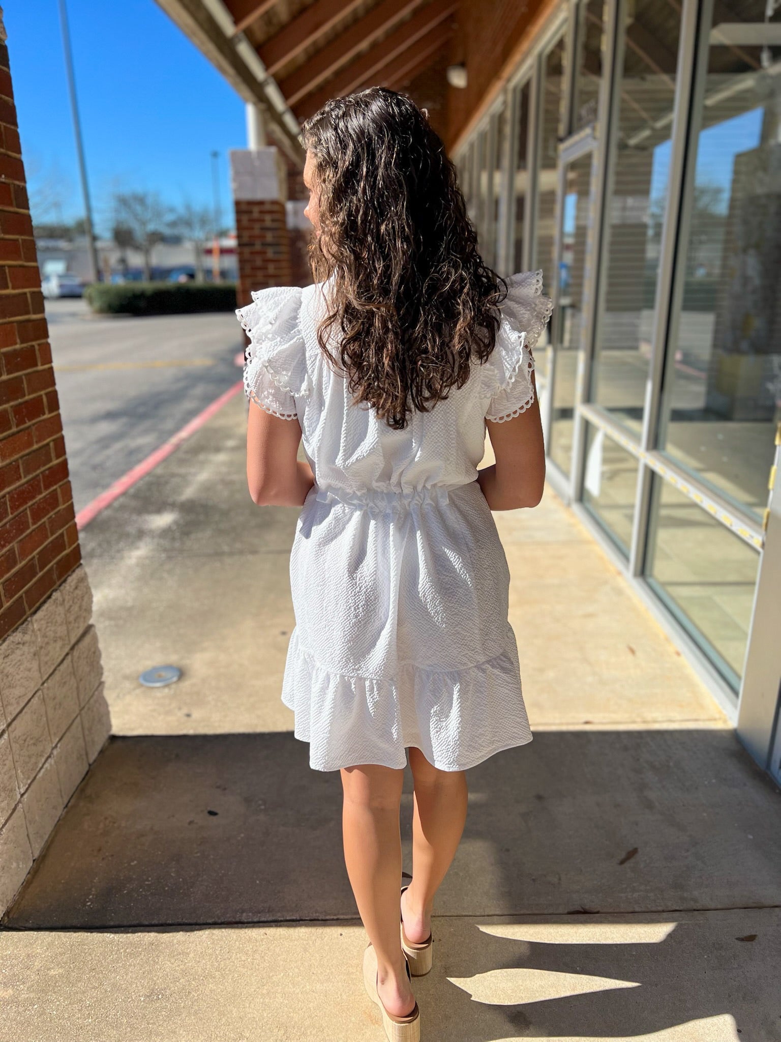 Off - White Scalloped V - Neck Dress with Tie Waist - A'Bekah's Boutique