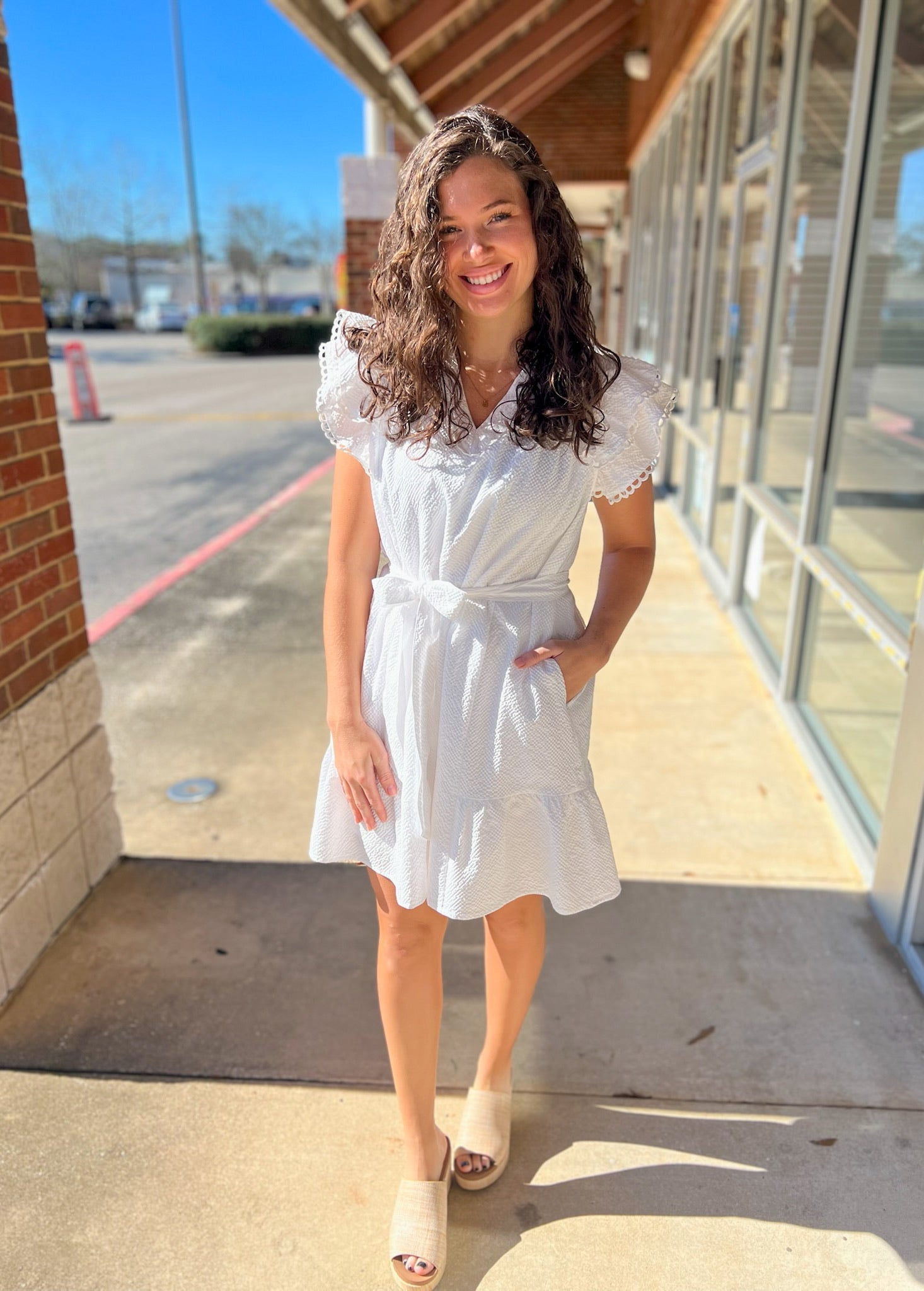 Off - White Scalloped V - Neck Dress with Tie Waist - A'Bekah's Boutique