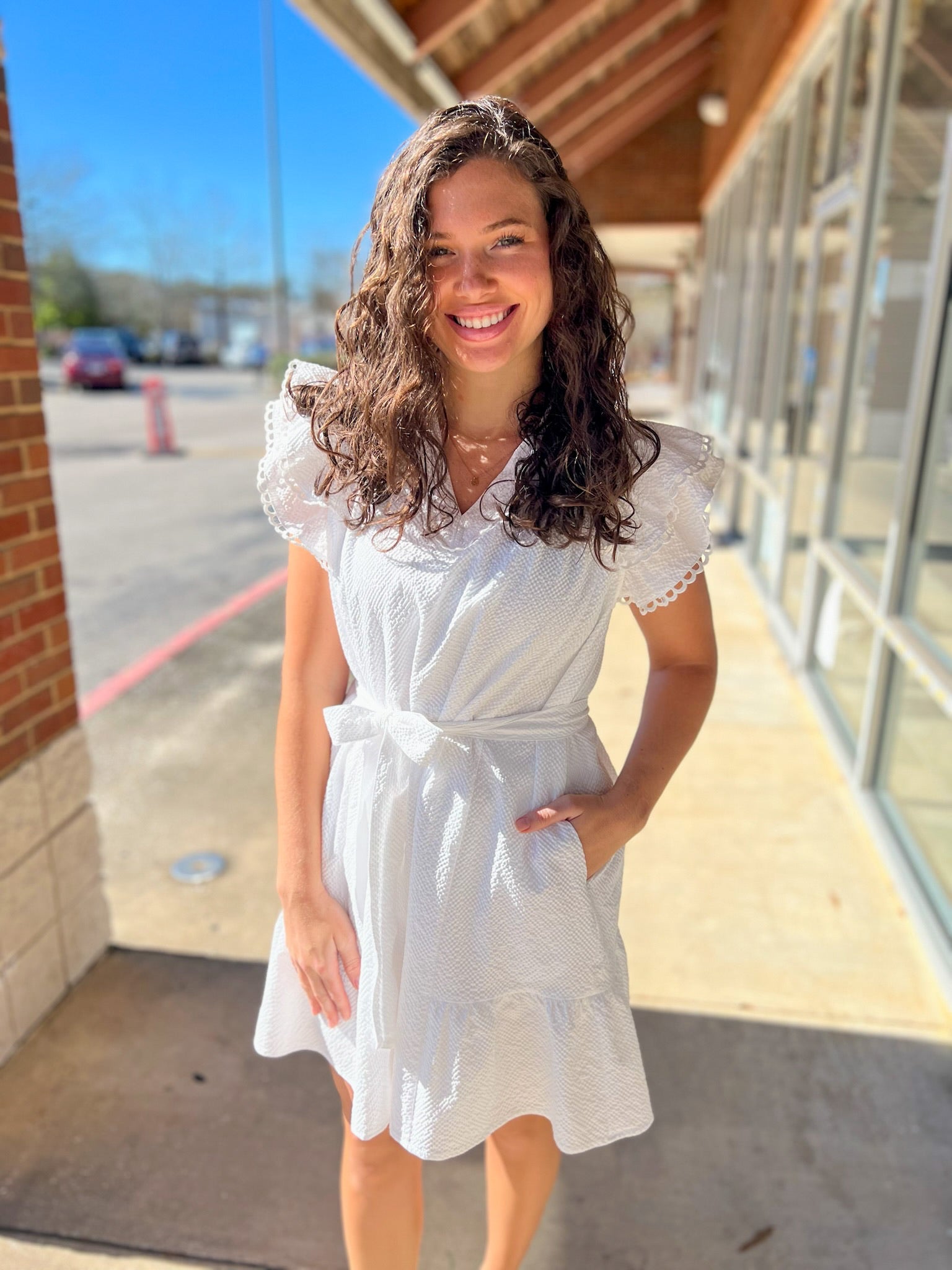 Off - White Scalloped V - Neck Dress with Tie Waist - A'Bekah's Boutique