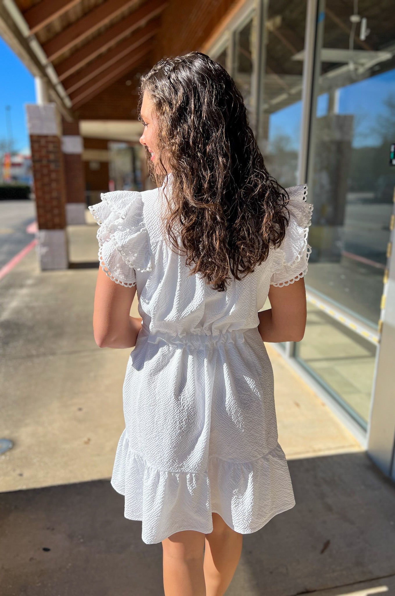 Off - White Scalloped V - Neck Dress with Tie Waist - A'Bekah's Boutique