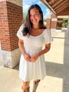 Off White Short Sleeve Dress with Textured Bodice - A'Bekah's Boutique
