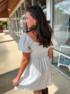 Off White Short Sleeve Dress with Textured Bodice - A'Bekah's Boutique