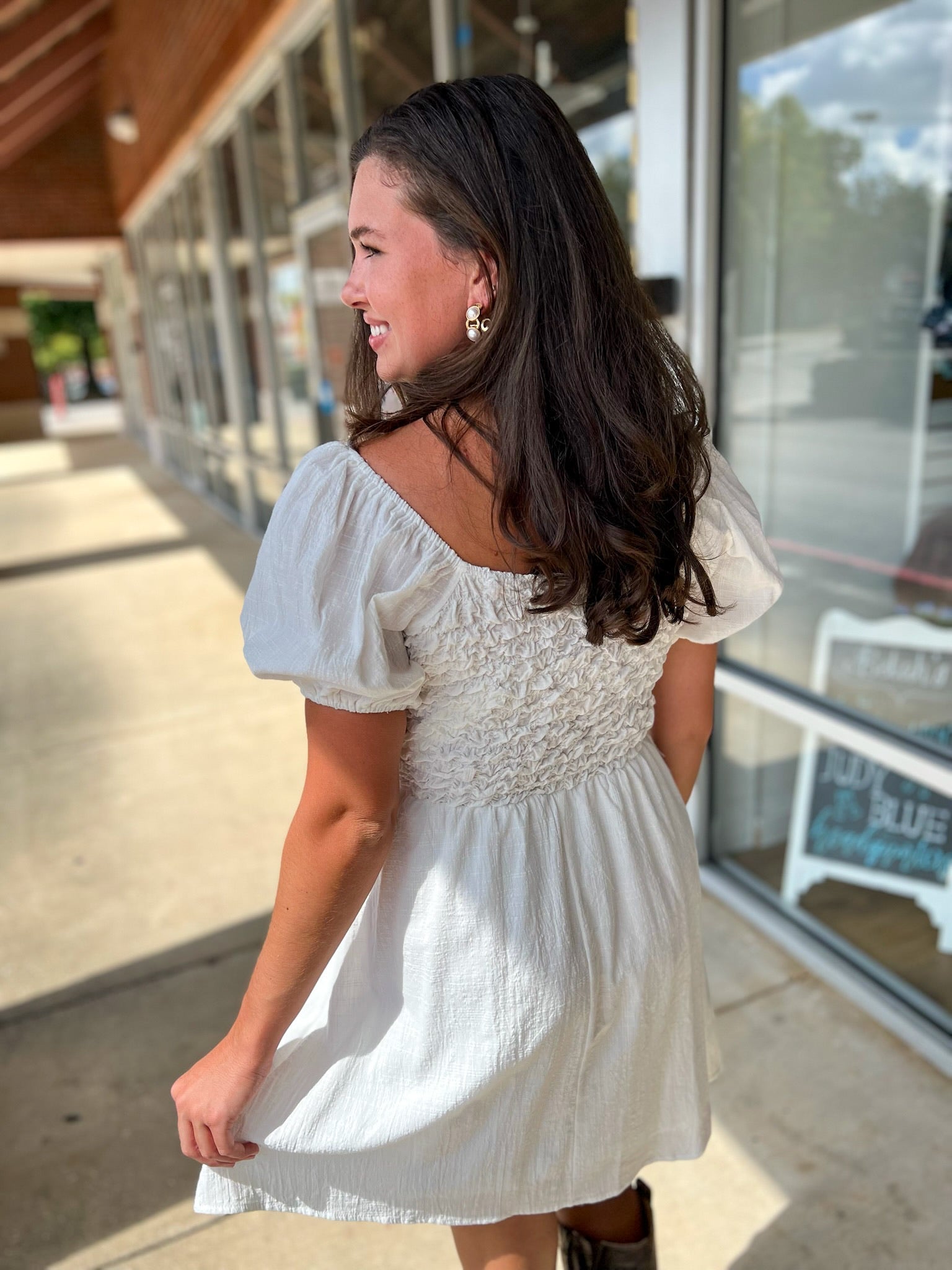 Off White Short Sleeve Dress with Textured Bodice - A'Bekah's Boutique