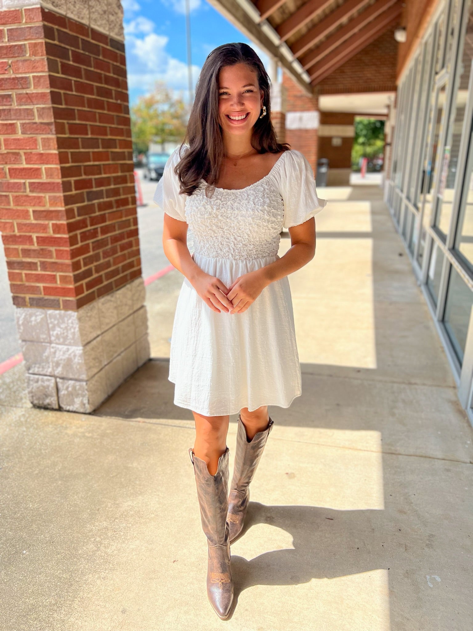 Off White Short Sleeve Dress with Textured Bodice - A'Bekah's Boutique