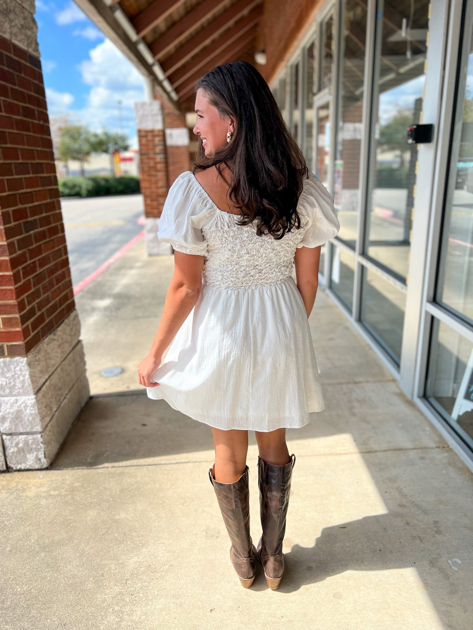 Off White Short Sleeve Dress with Textured Bodice - A'Bekah's Boutique