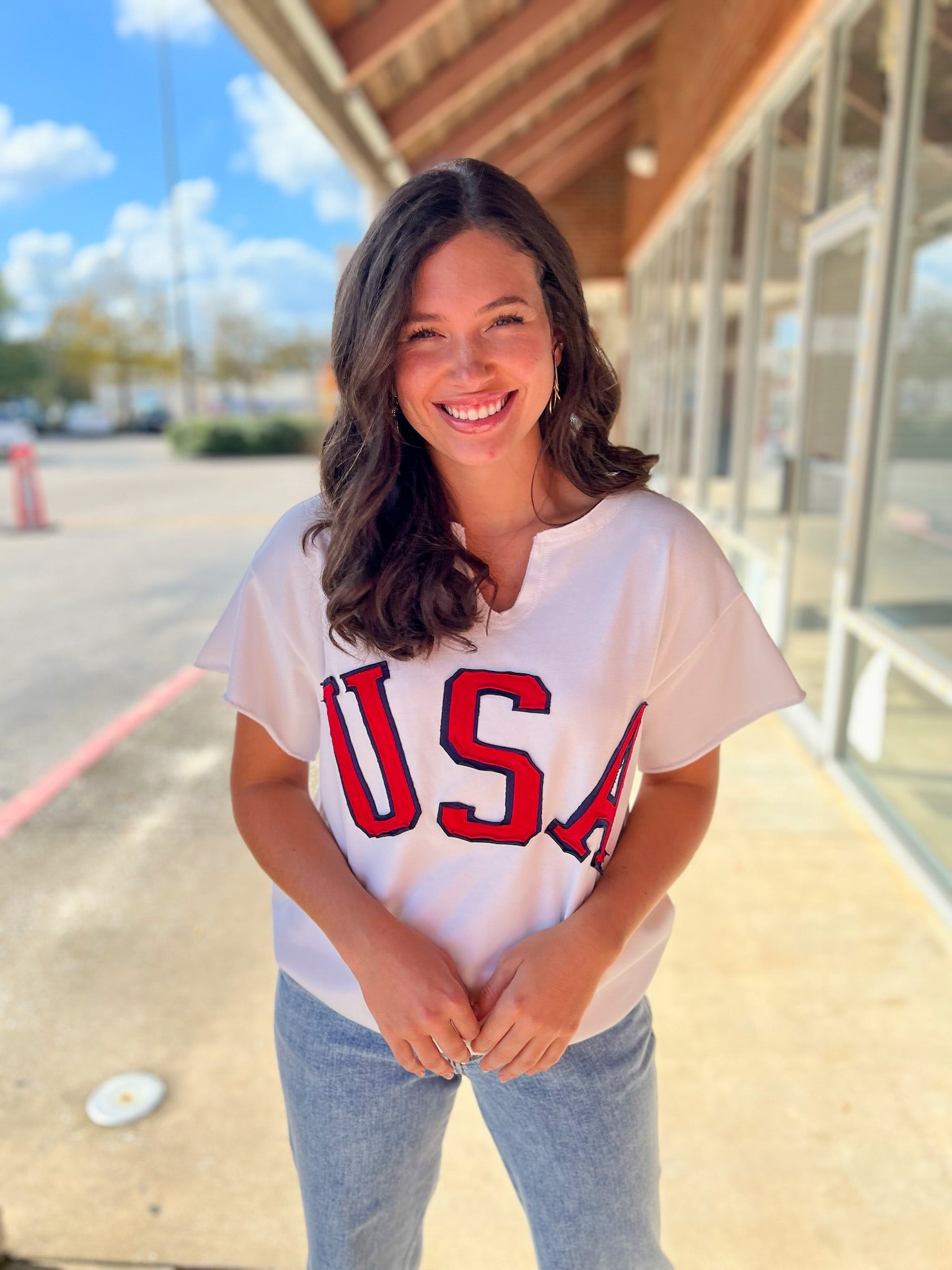 Off White Short SleeveV - Neck USA Sweatshirt - A'Bekah's Boutique