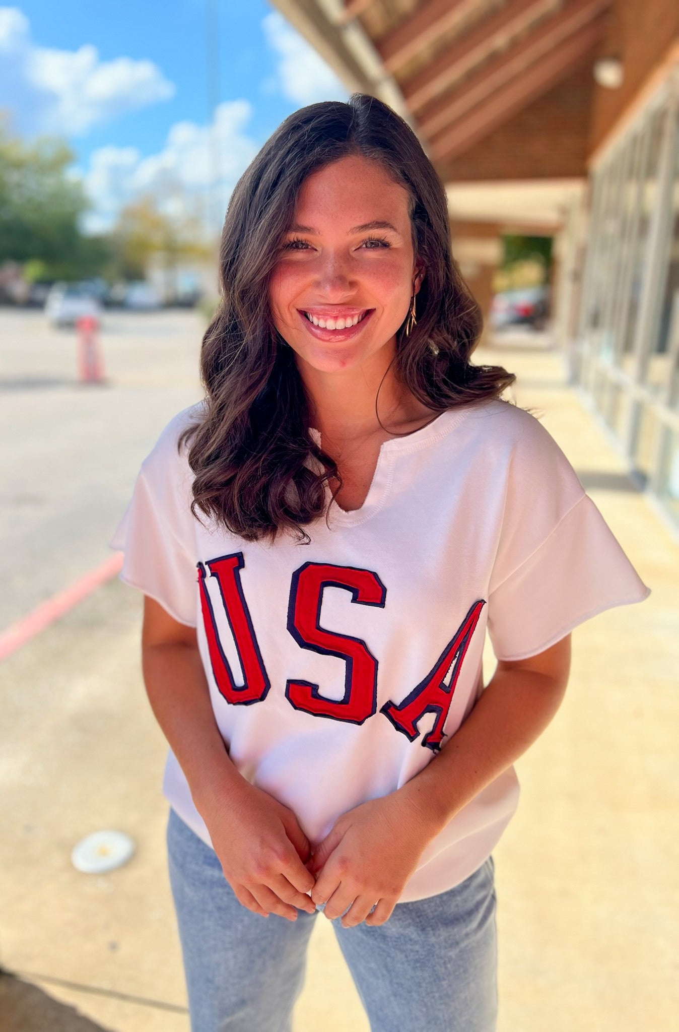 Off White Short SleeveV - Neck USA Sweatshirt - A'Bekah's Boutique