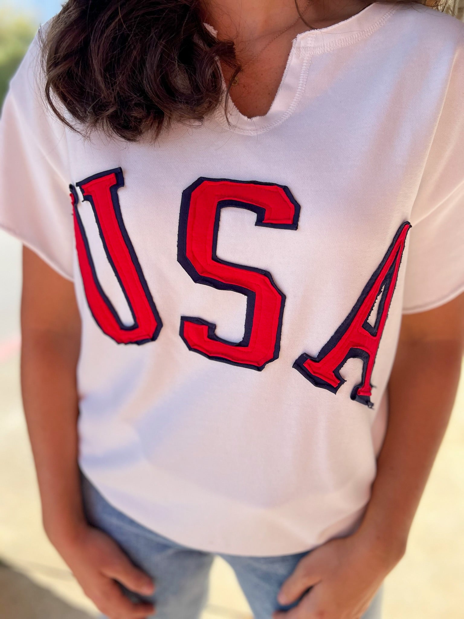 Off White Short SleeveV - Neck USA Sweatshirt - A'Bekah's Boutique