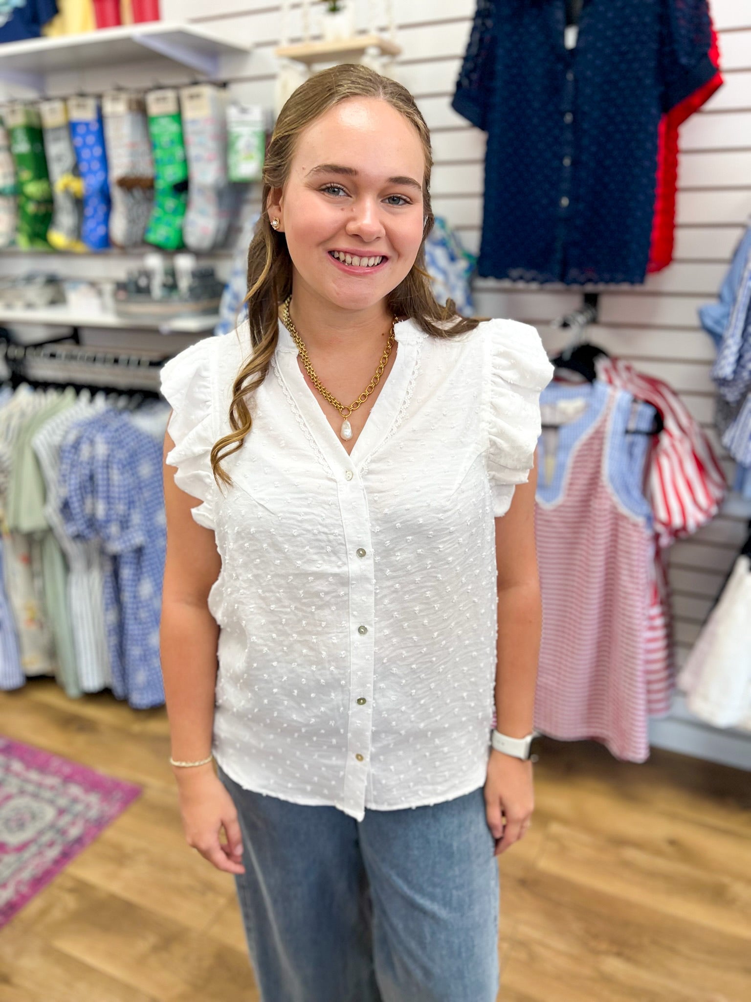 Off White Swiss Dot Top with Ruffle Cap Sleeves - A'Bekah's Boutique