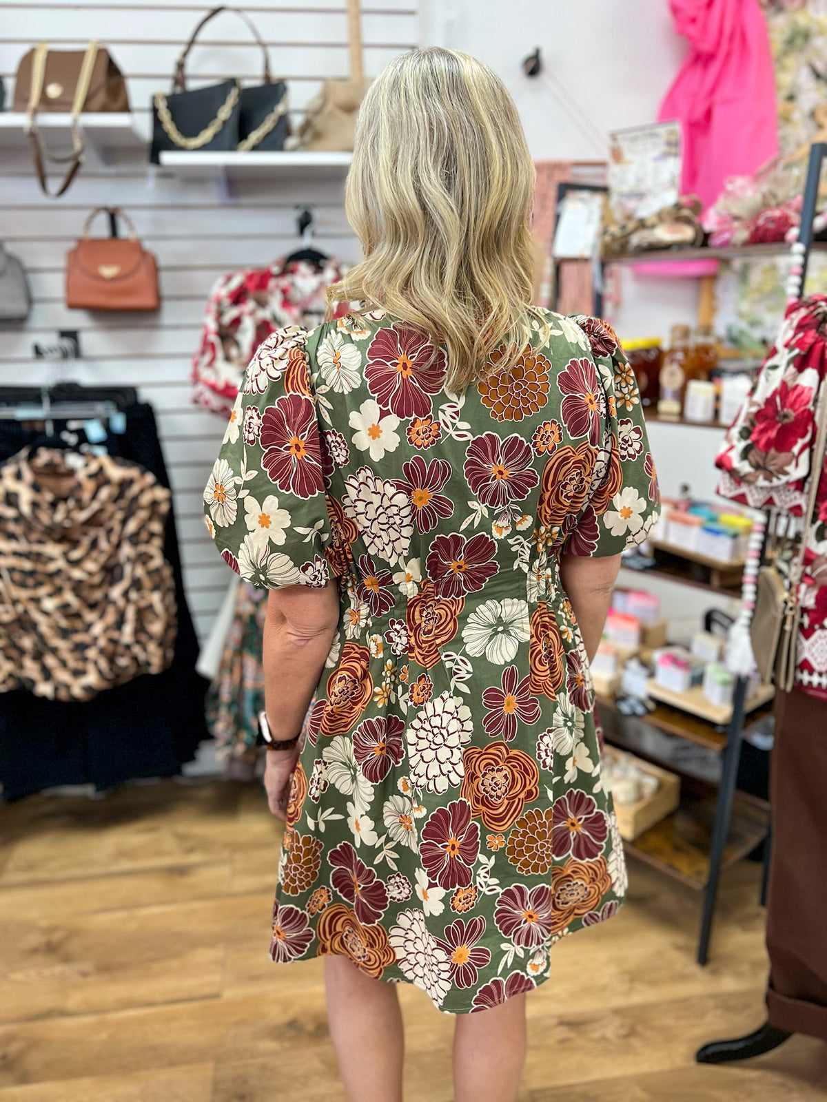 Olive and Rust Floral Dress with Short Puff Sleeves - A'Bekah's Boutique