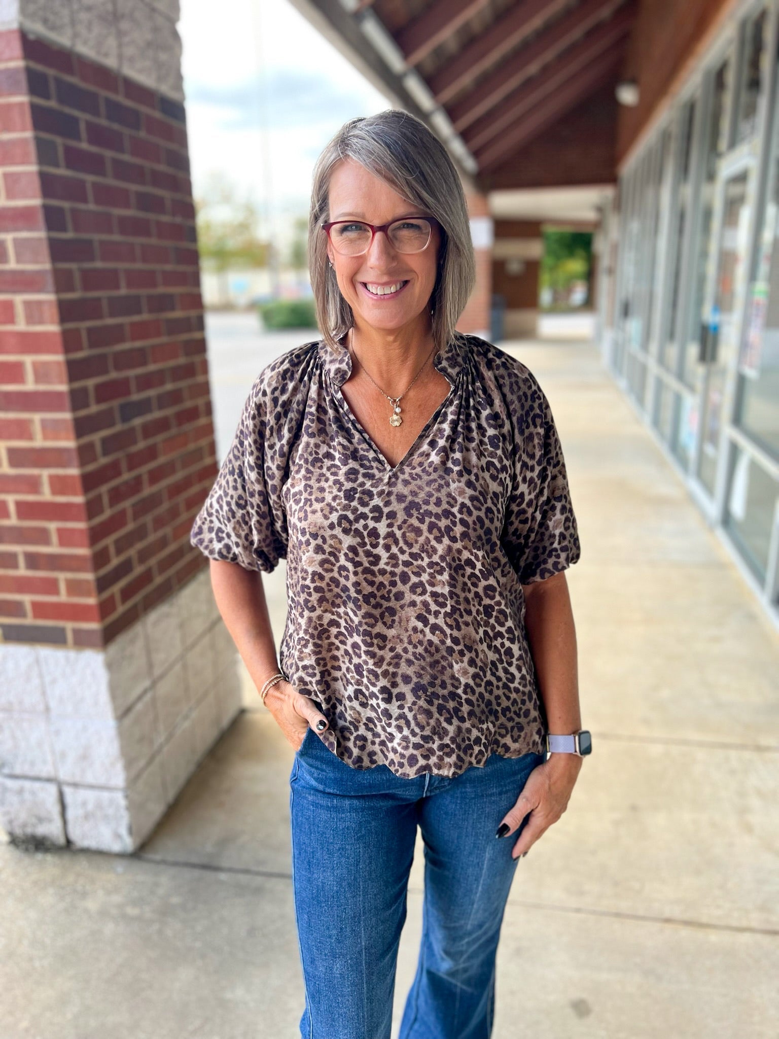 Olive Animal Print Bubble Sleeve V - Neck Top with Scalloped Hem (R) - A'Bekah's Boutique