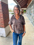 Olive Animal Print Bubble Sleeve V - Neck Top with Scalloped Hem (R) - A'Bekah's Boutique