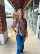 Olive Animal Print Bubble Sleeve V - Neck Top with Scalloped Hem (R) - A'Bekah's Boutique