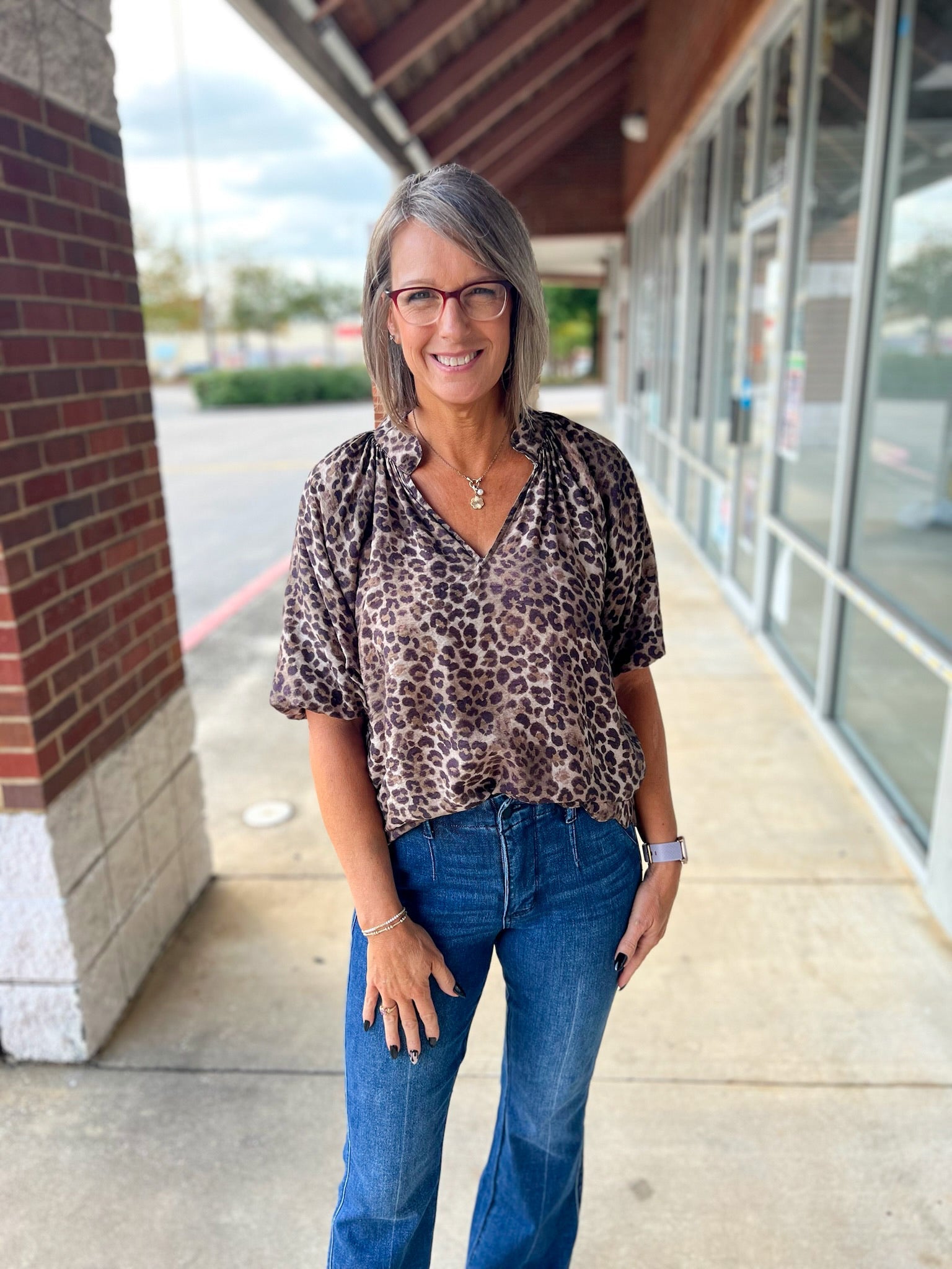 Olive Animal Print Bubble Sleeve V - Neck Top with Scalloped Hem (R) - A'Bekah's Boutique