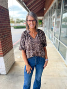 Olive Animal Print Bubble Sleeve V - Neck Top with Scalloped Hem (R) - A'Bekah's Boutique