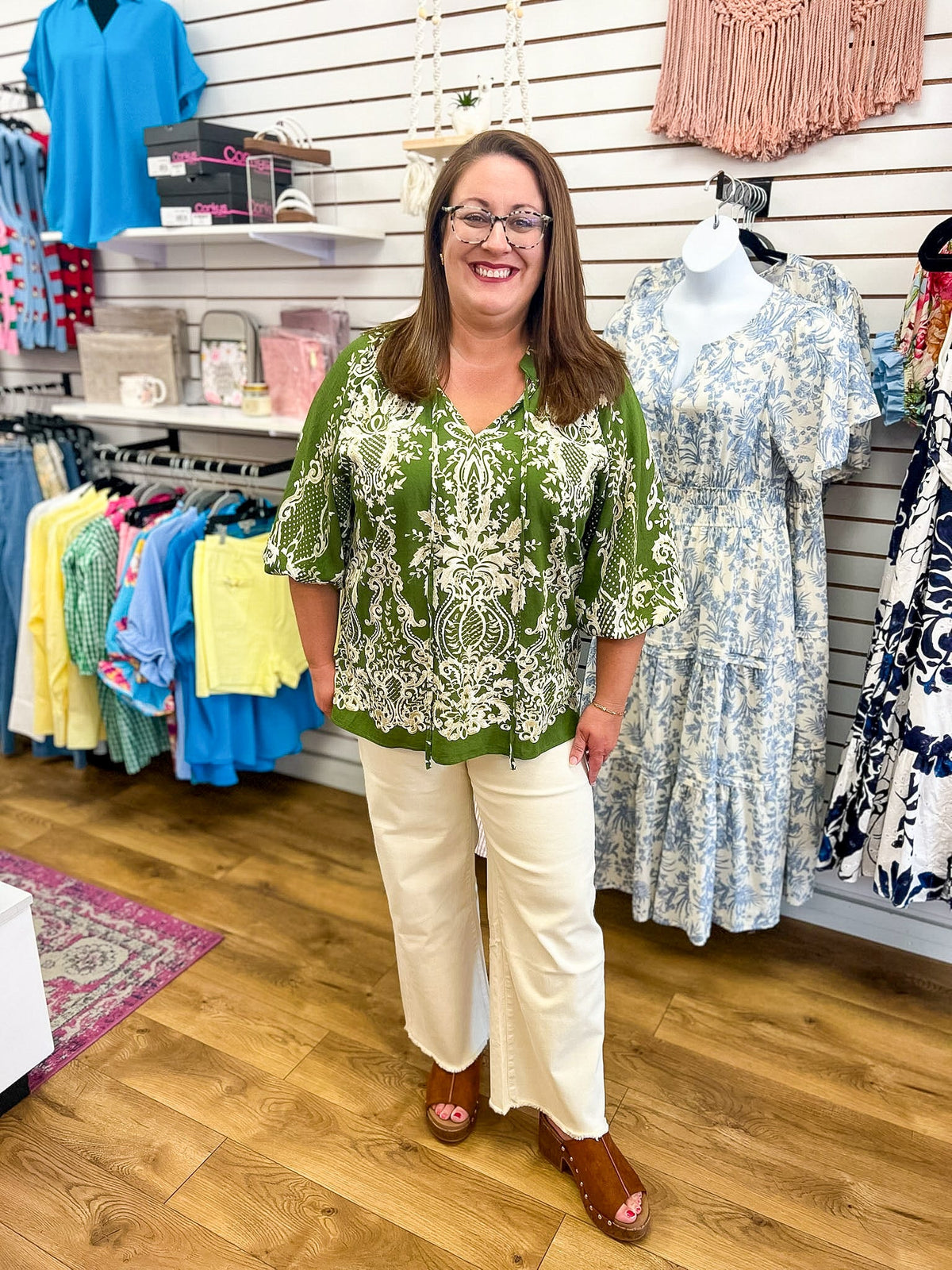 Olive Boho Border Print Top with 3/4 Balloon Sleeves - A'Bekah's Boutique