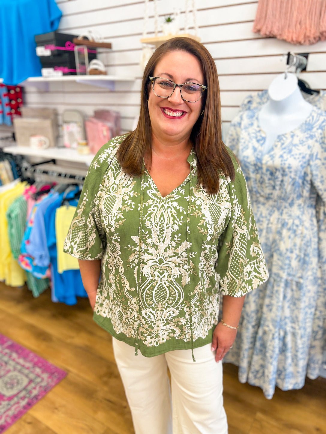 Olive Boho Border Print Top with 3/4 Balloon Sleeves - A'Bekah's Boutique