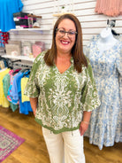 Olive Boho Border Print Top with 3/4 Balloon Sleeves - A'Bekah's Boutique