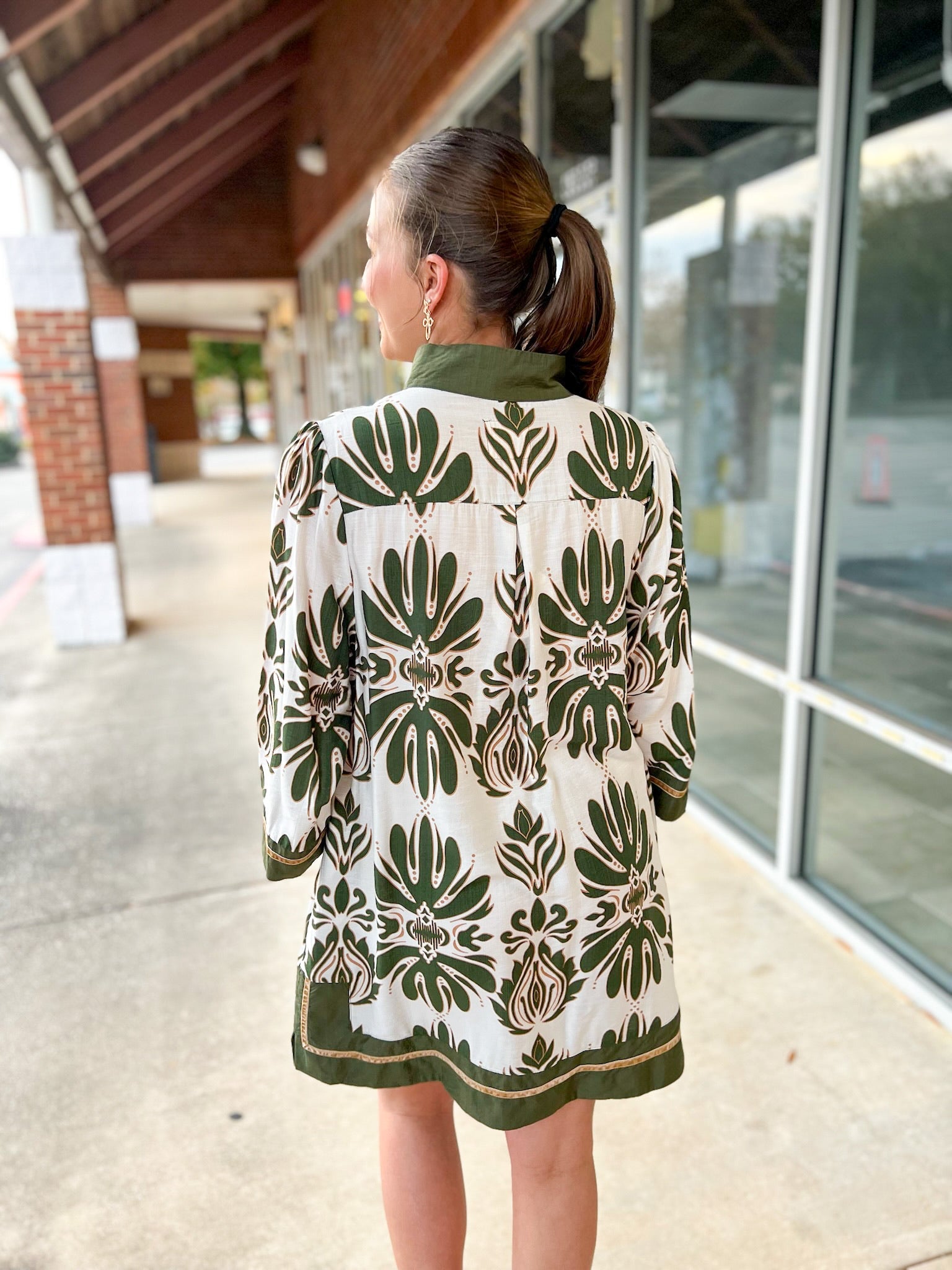 Olive Floral 3/4 Sleeve Dress with Border Details - A'Bekah's Boutique