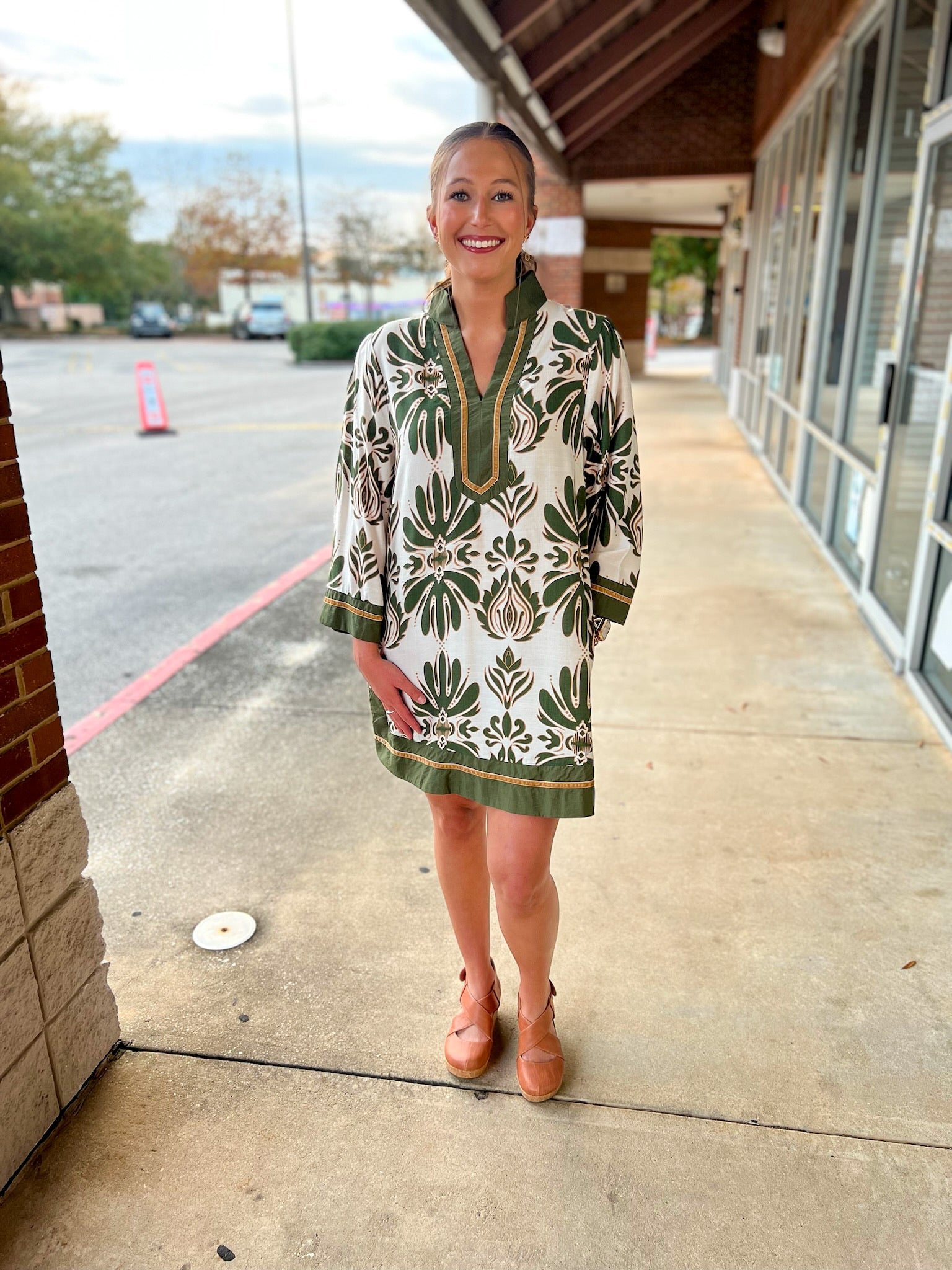 Olive Floral 3/4 Sleeve Dress with Border Details - A'Bekah's Boutique