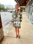 Olive Floral 3/4 Sleeve Dress with Border Details - A'Bekah's Boutique