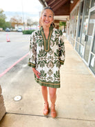 Olive Floral 3/4 Sleeve Dress with Border Details - A'Bekah's Boutique