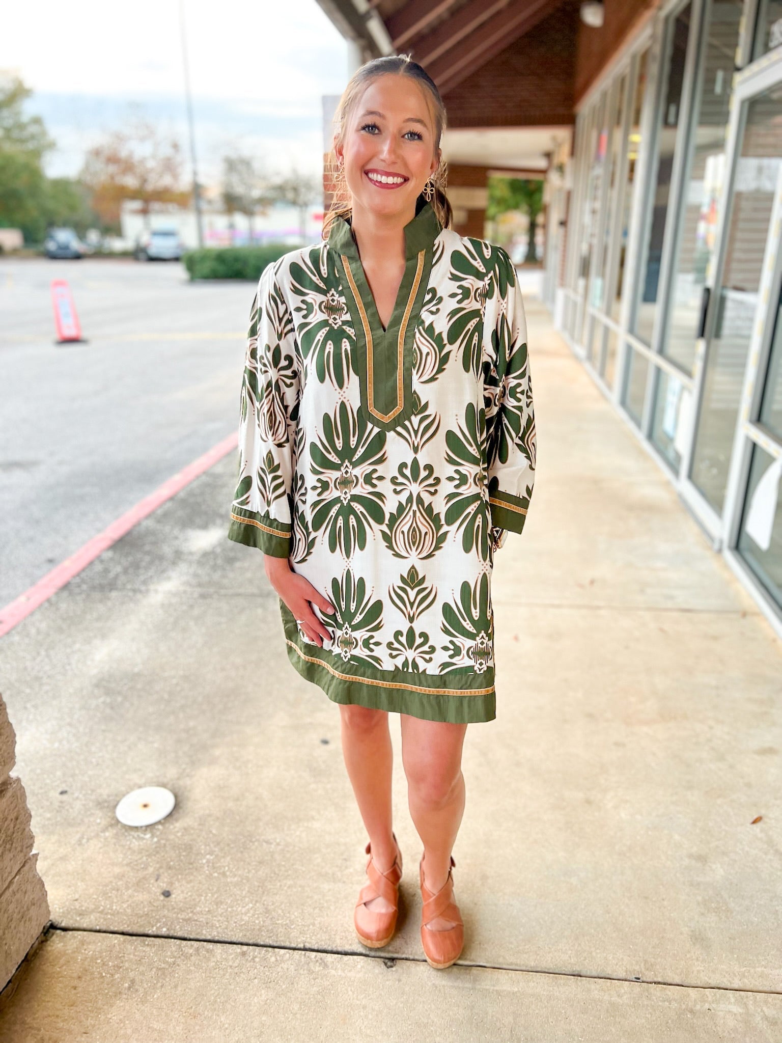 Olive Floral 3/4 Sleeve Dress with Border Details - A'Bekah's Boutique