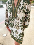 Olive Floral 3/4 Sleeve Dress with Border Details - A'Bekah's Boutique