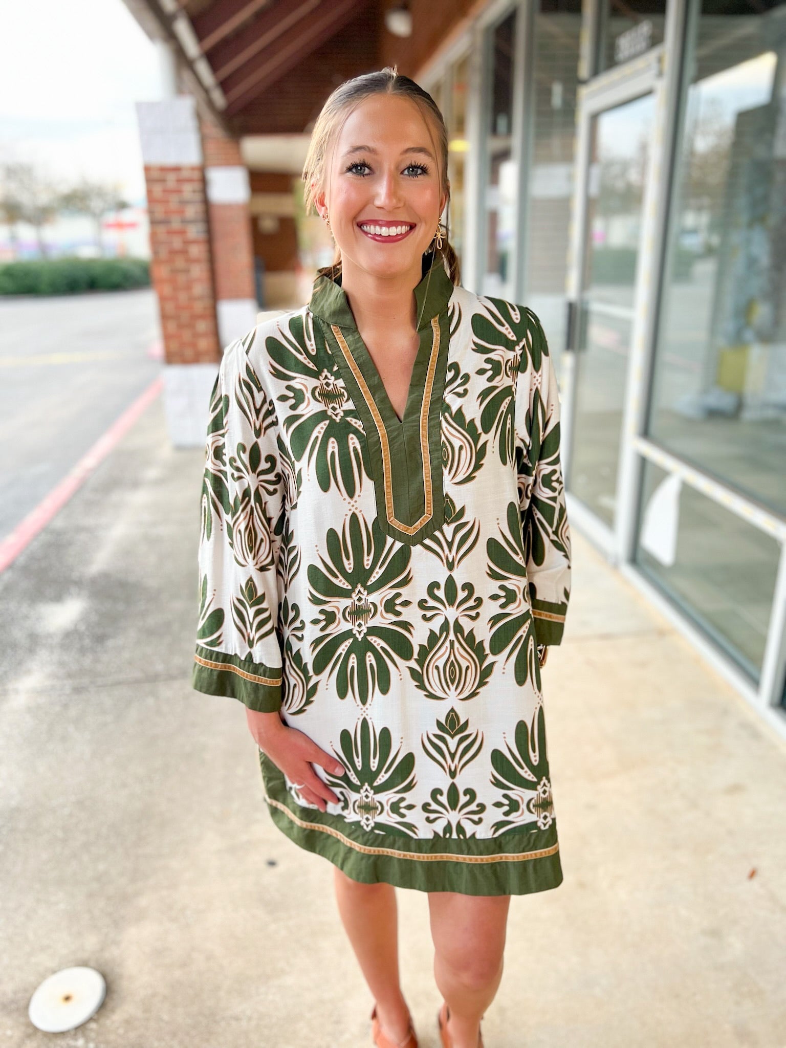 Olive Floral 3/4 Sleeve Dress with Border Details - A'Bekah's Boutique