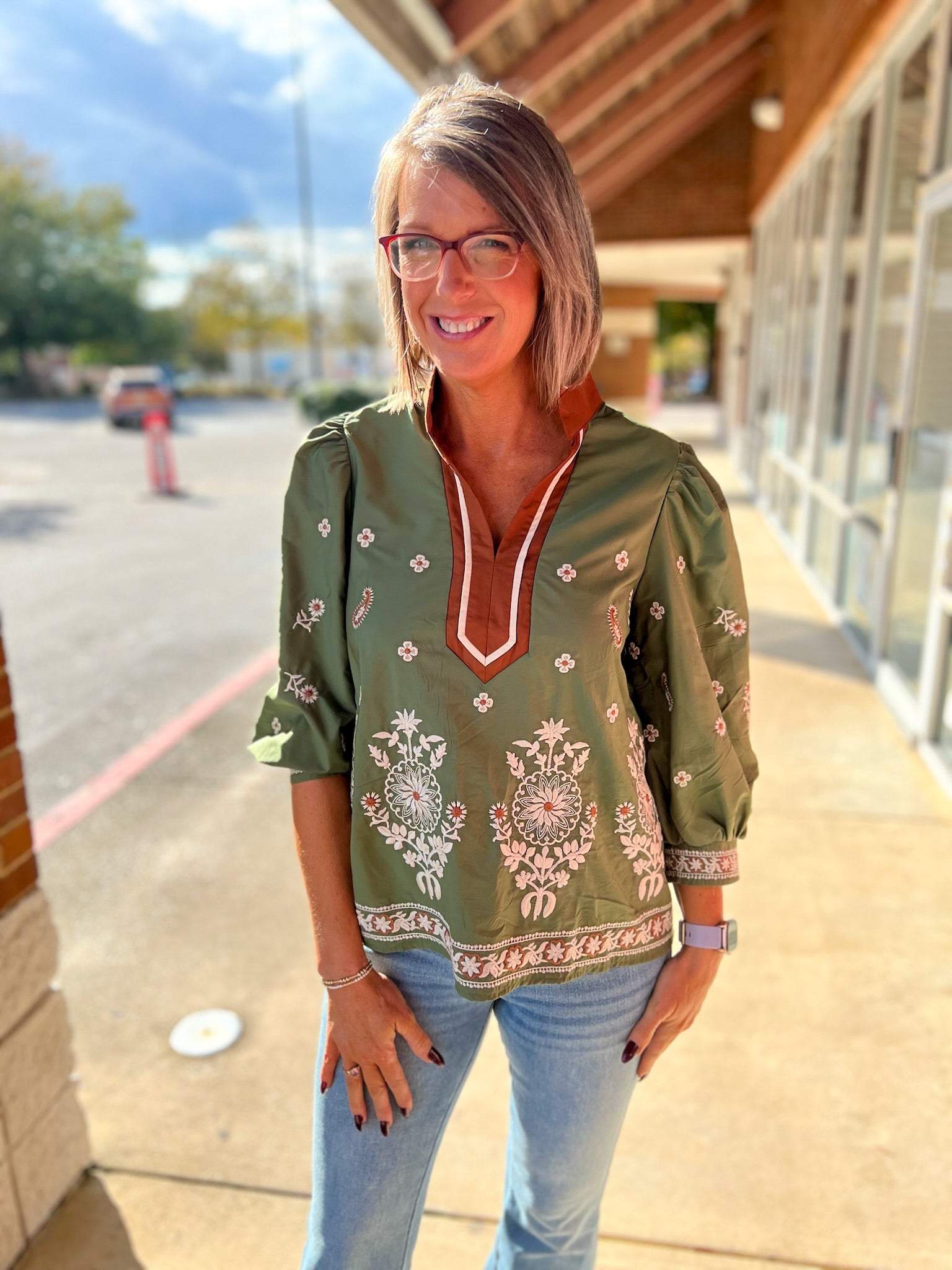Olive Floral Embroidered 3/4 Puff Sleeve Top - A'Bekah's Boutique