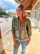 Olive Floral Embroidered 3/4 Puff Sleeve Top - A'Bekah's Boutique