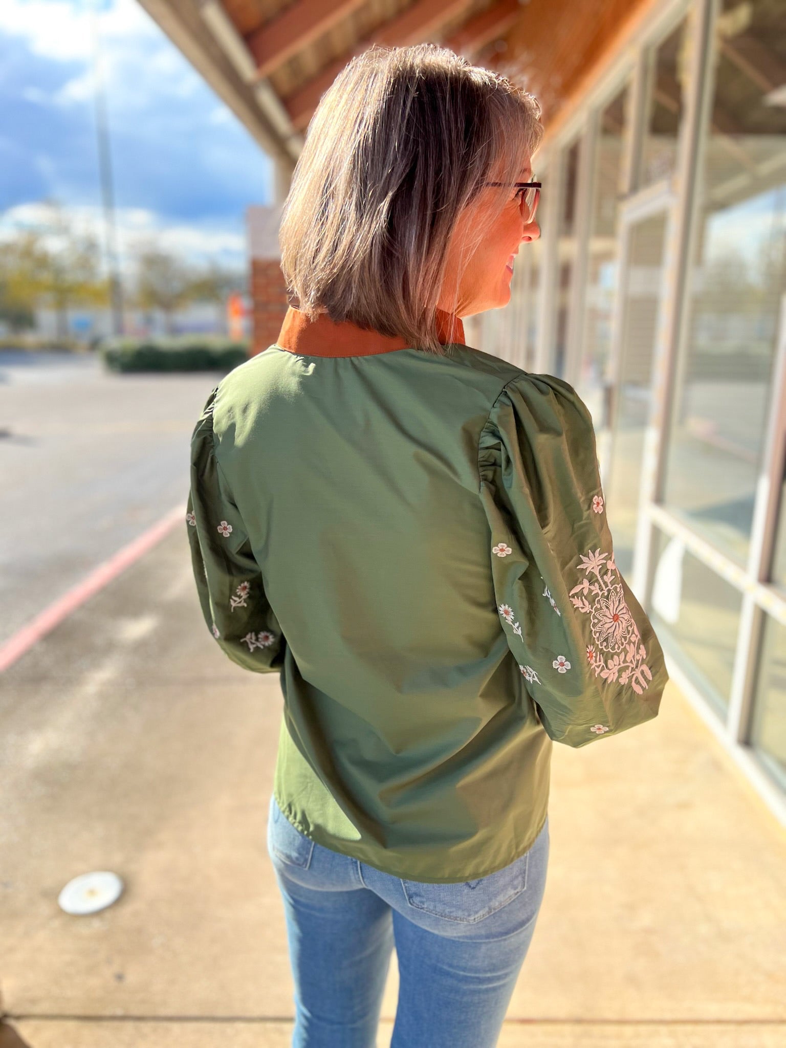 Olive Floral Embroidered 3/4 Puff Sleeve Top - A'Bekah's Boutique