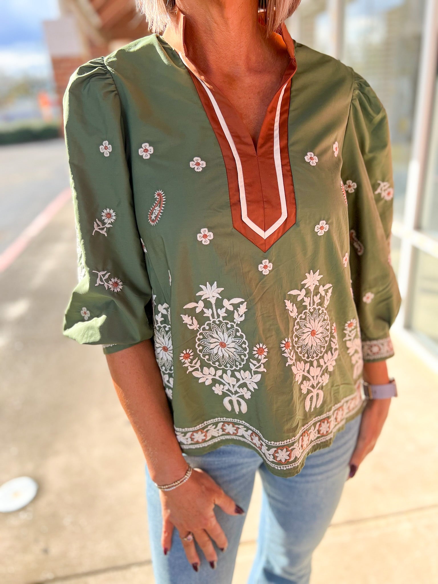 Olive Floral Embroidered 3/4 Puff Sleeve Top - A'Bekah's Boutique