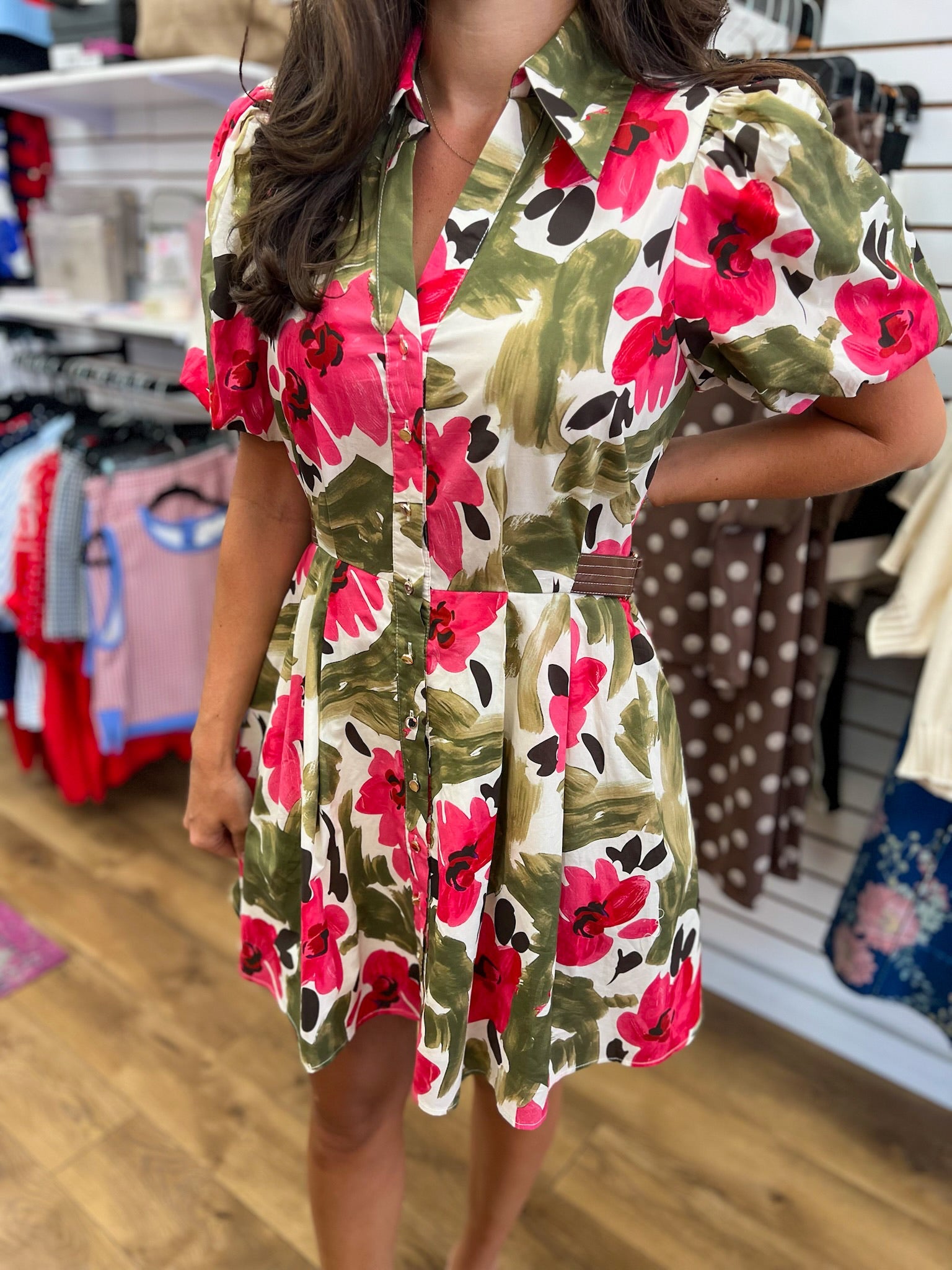 Olive Floral V-Neck Dress with Short Puff Sleeves - A'Bekah's Boutique