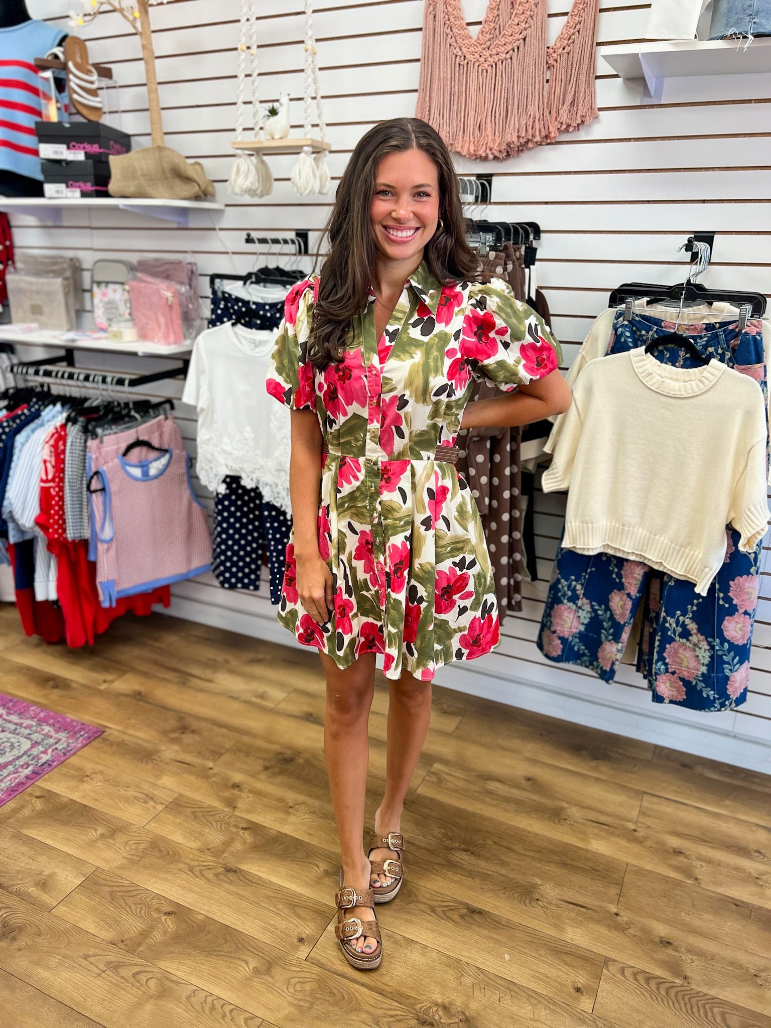 Olive Floral V-Neck Dress with Short Puff Sleeves - A'Bekah's Boutique