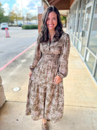Olive Floral V - Neck Long Sleeve Maxi Dress with Smocked Waist - A'Bekah's Boutique