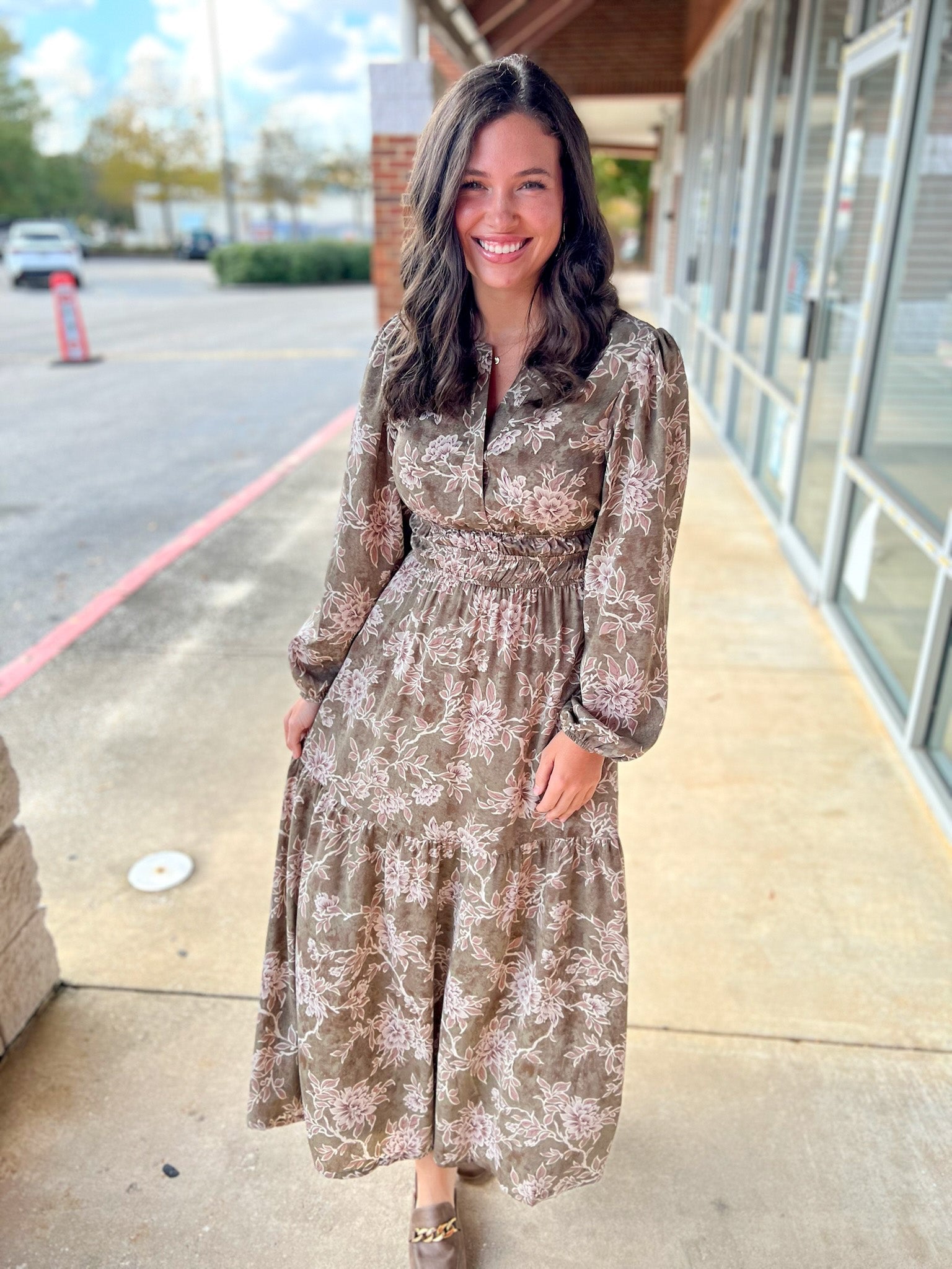 Olive Floral V - Neck Long Sleeve Maxi Dress with Smocked Waist - A'Bekah's Boutique
