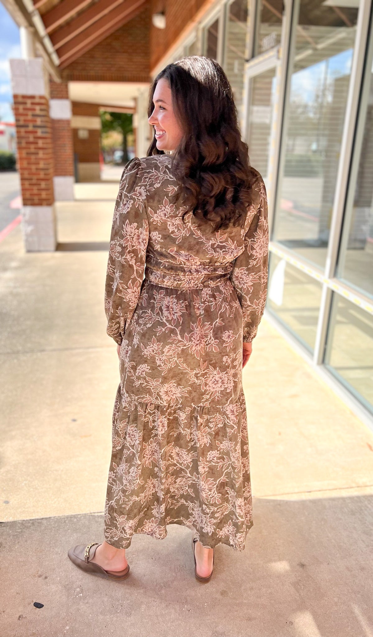 Olive Floral V - Neck Long Sleeve Maxi Dress with Smocked Waist - A'Bekah's Boutique