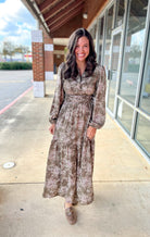 Olive Floral V - Neck Long Sleeve Maxi Dress with Smocked Waist - A'Bekah's Boutique