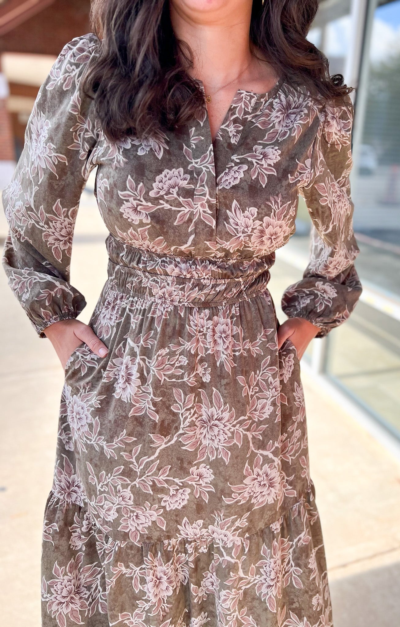 Olive Floral V - Neck Long Sleeve Maxi Dress with Smocked Waist - A'Bekah's Boutique