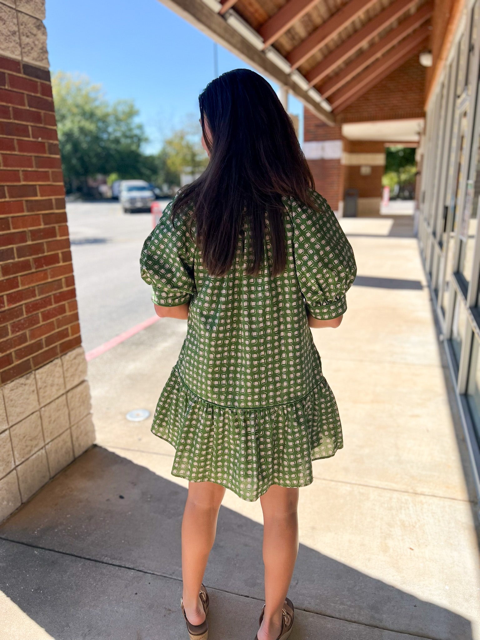 Olive Geometric Print Short Puff Sleeve Dress - A'Bekah's Boutique
