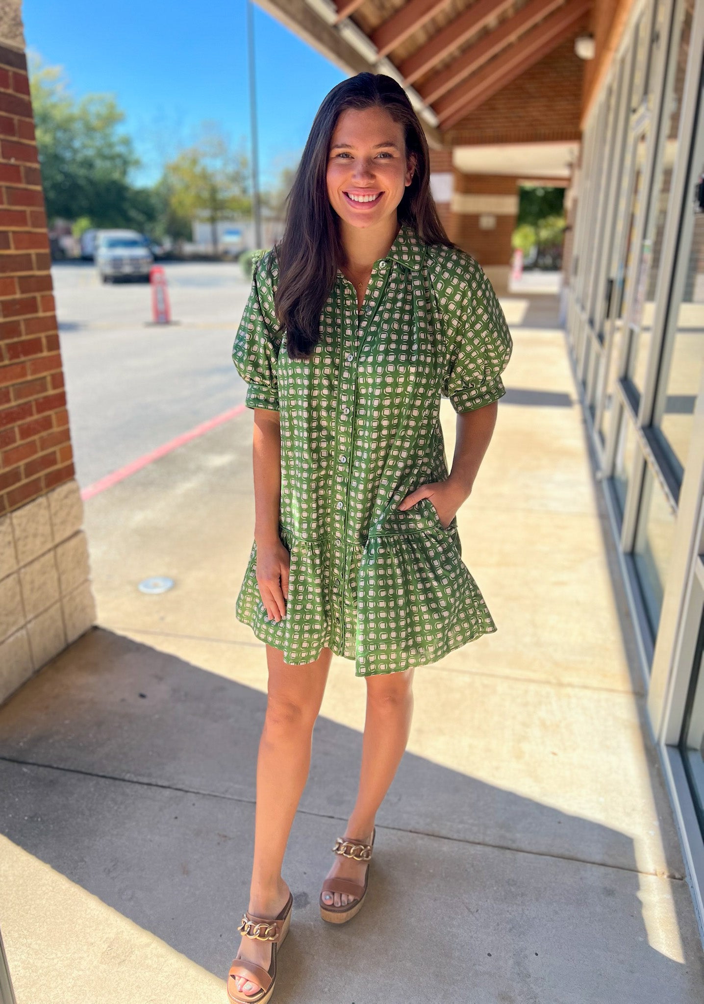 Olive Geometric Print Short Puff Sleeve Dress - A'Bekah's Boutique