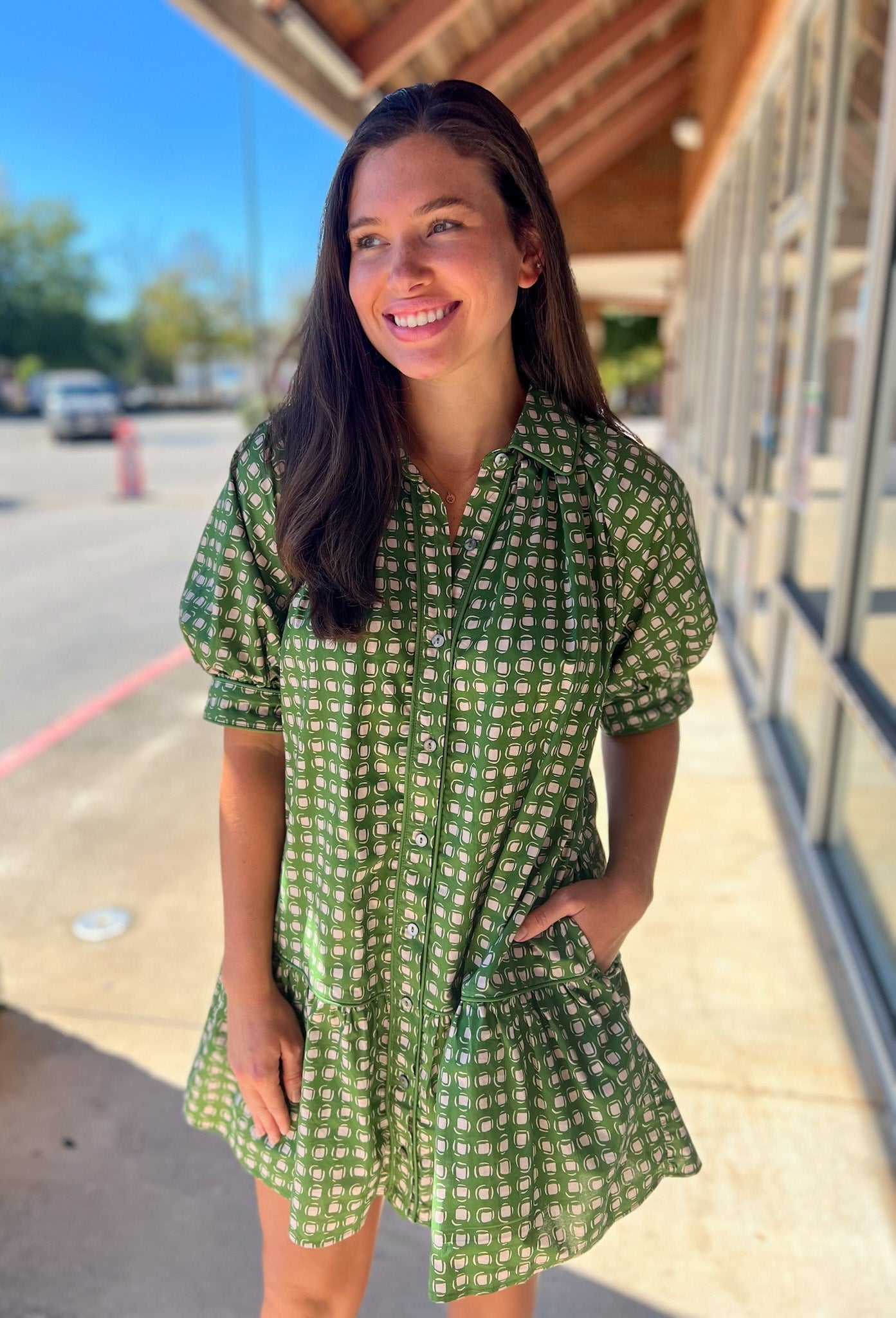 Olive Geometric Print Short Puff Sleeve Dress - A'Bekah's Boutique