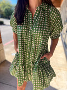 Olive Geometric Print Short Puff Sleeve Dress - A'Bekah's Boutique