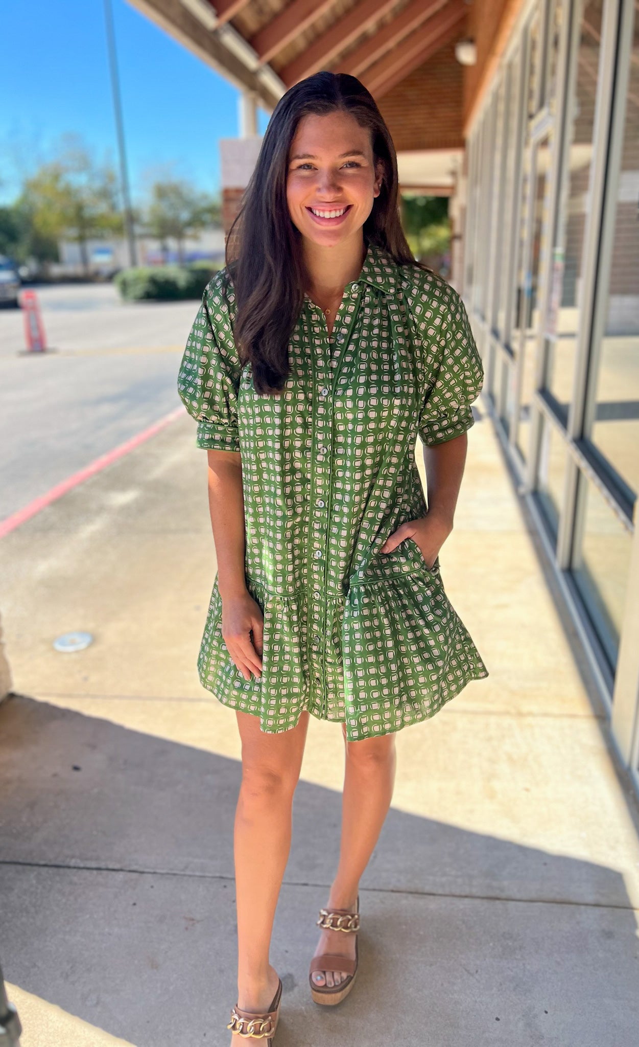 Olive Geometric Print Short Puff Sleeve Dress - A'Bekah's Boutique