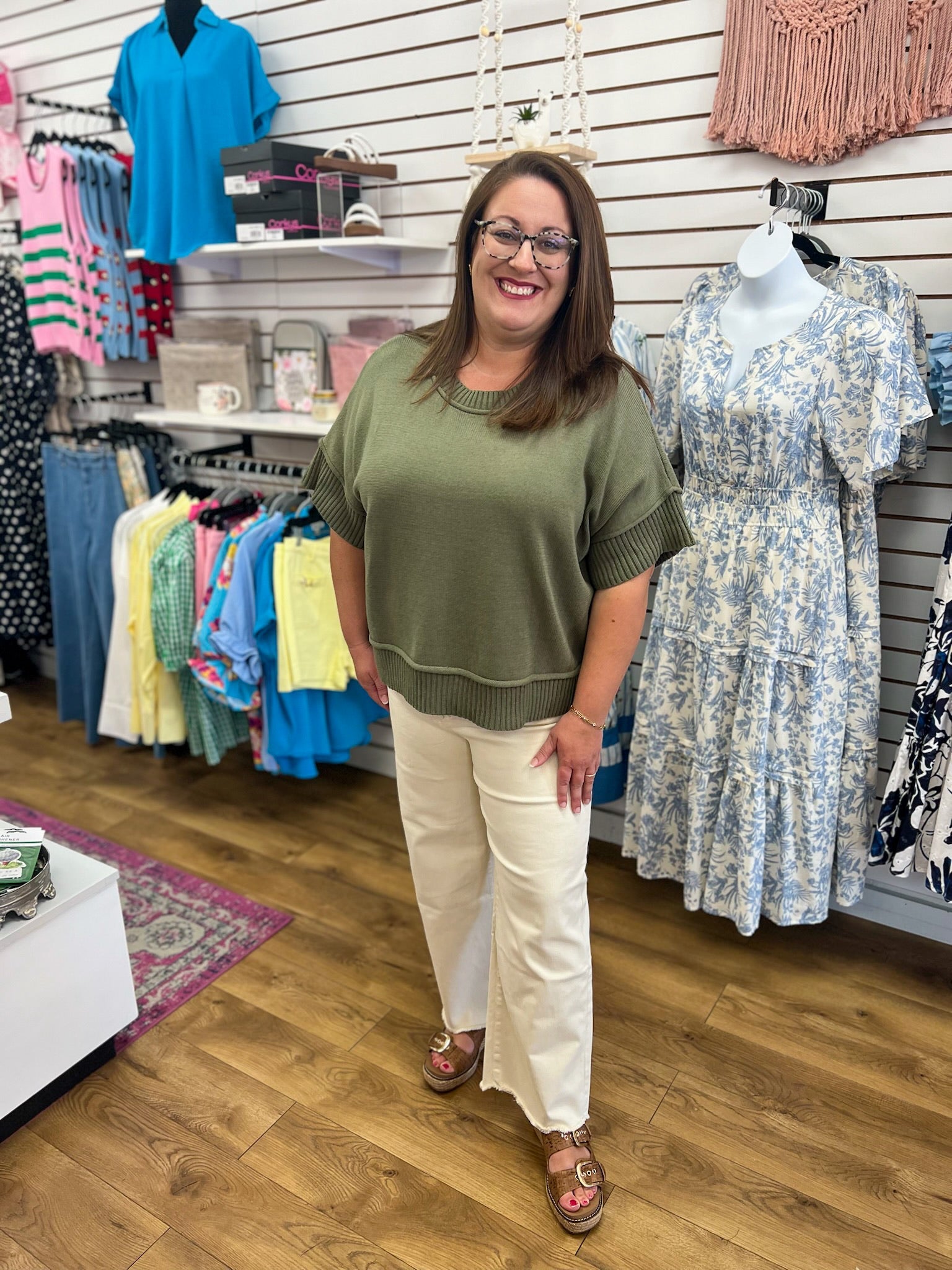 Olive Green Drop Shoulder Half Sleeve Sweater - A'Bekah's Boutique