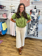 Olive Green Short Sleeve Button Up Top with Bubble Hem - A'Bekah's Boutique